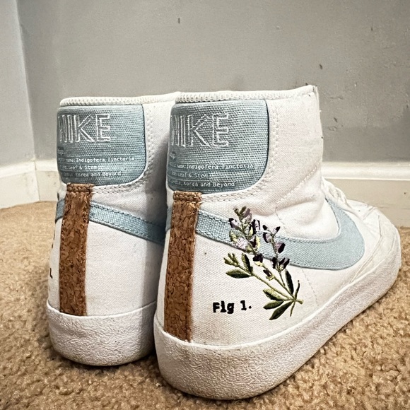 Nike White and Light Blue High-Tops with Floral Detail - Picture 1 of 3